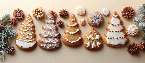 Festive gingerbread cookies shaped like Christmas trees surrounded by winter decorations on a beige surface for holiday delight