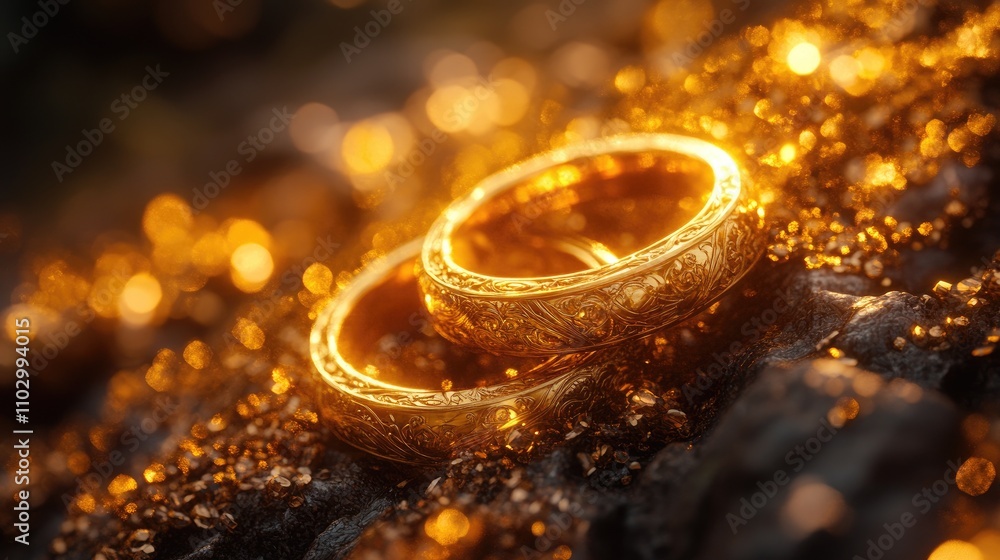 Elegant golden wedding rings on a textured surface illuminated by warm light creating a romantic and luxurious atmosphere Elegant golden wedding rings on a textured surface illuminated by warm light creating a romantic and luxurious atmosphere