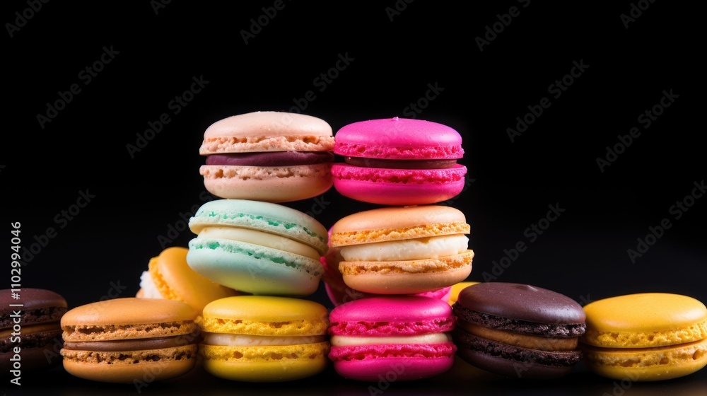 Fototapeta premium Vibrant Macarons Stack on Dark Background Artistic Gourmet Dessert Presentation