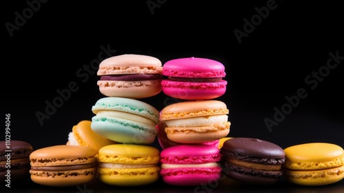 Vibrant Macarons Stack on Dark Background Artistic Gourmet Dessert Presentation