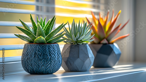 Three succulents in stylish pots sit on a windowsill, bathed in sunlight.  The plants vary in color and shape, adding a touch of nature to the home. photo