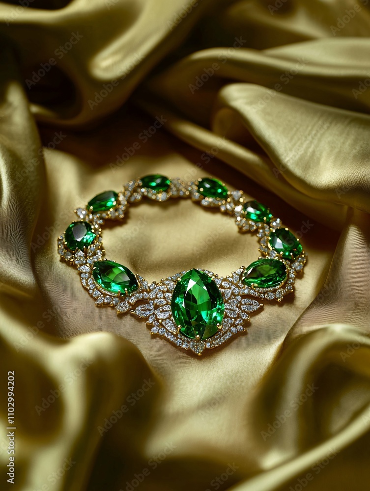 Fototapeta premium An elegant emerald necklace dazzles against a silk backdrop in this captivating studio portrait.