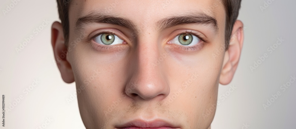 Closeup portrait of a serious individual with striking green eyes and flawless skin against a smooth white background Closeup portrait of a serious individual with striking green eyes and flawless skin against a smooth white background