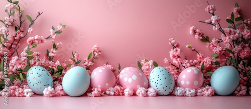 Elegant Easter egg display with pink flowers on a pastel backdrop ideal for spring celebrations and text placement in promotional materials photo