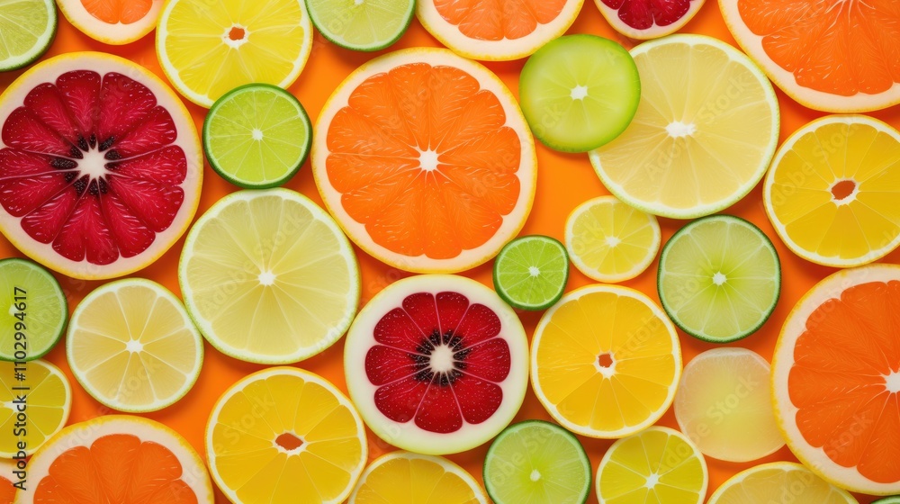 Colorful fruit slices arranged in a vibrant pattern showcasing citrus varieties and their textures on a bright background Colorful fruit slices arranged in a vibrant pattern showcasing citrus varieties and their textures on a bright background