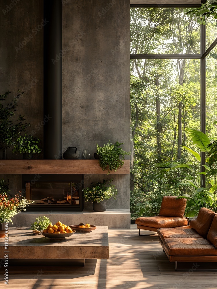 Modern Living Room with Large Windows Overlooking a Forest, Featuring a Cozy Fireplace, Leather Armchair, Wooden Coffee Table with Fruit Bowls, and Various Indoor Plants. Modern Living Room with Large Windows Overlooking a Forest, Featuring a Cozy Fireplace, Leather Armchair, Wooden Coffee Table with Fruit Bowls, and Various Indoor Plants.