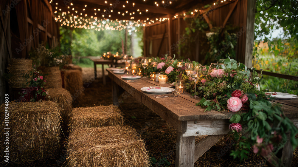 Fototapeta premium A rustic barn setting with a long wooden table and hay bales