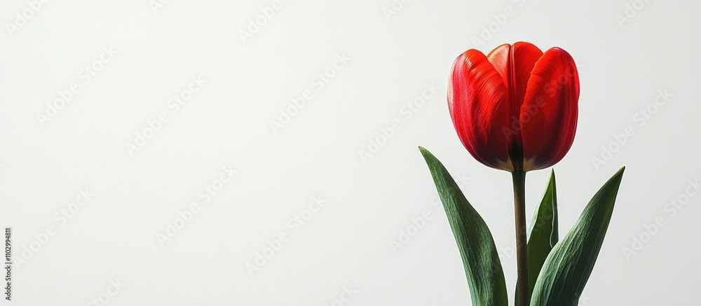 Vibrant red tulip with green leaves gracefully positioned against a minimalistic white background for elegant floral aesthetics. Vibrant red tulip with green leaves gracefully positioned against a minimalistic white background for elegant floral aesthetics.