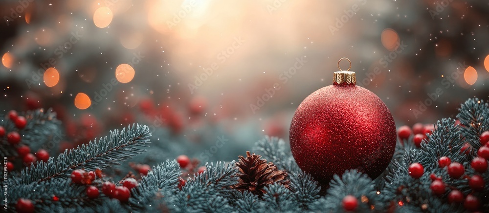 Festive Christmas backdrop with red ornament on pine branches ideal for New Year greetings and holiday text decoration Festive Christmas backdrop with red ornament on pine branches ideal for New Year greetings and holiday text decoration