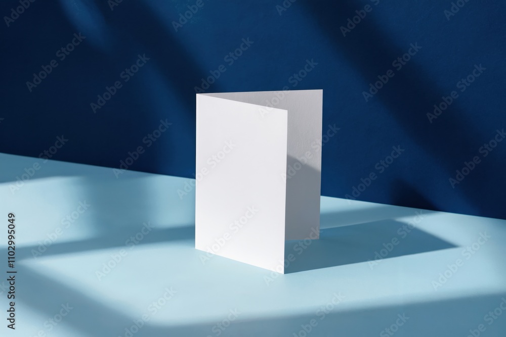 Fototapeta premium White blank folded card on light blue surface against deep blue background with soft lighting and gentle shadows