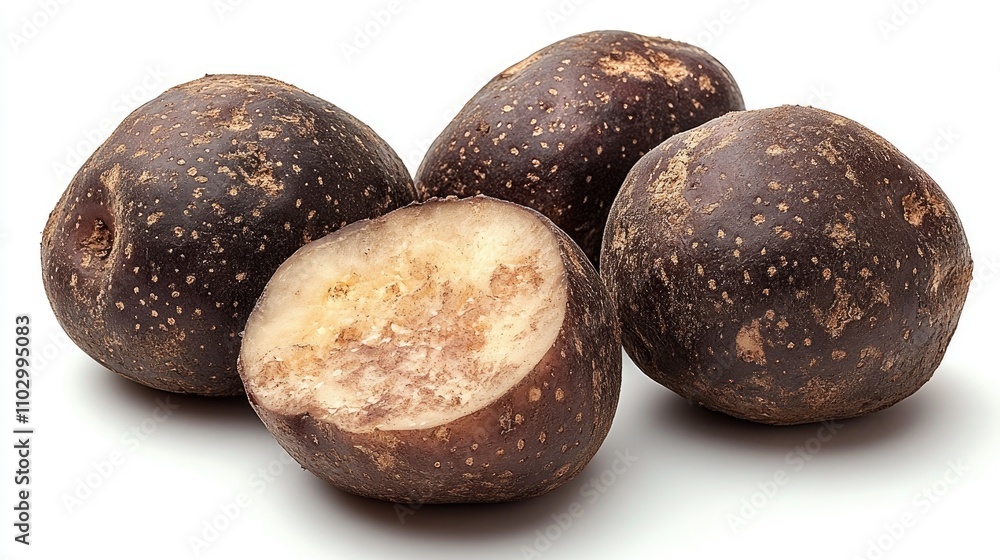 Fresh twilight potatoes displayed on a white background showcasing their unique color and texture in a natural setting. Fresh twilight potatoes displayed on a white background showcasing their unique color and texture in a natural setting.