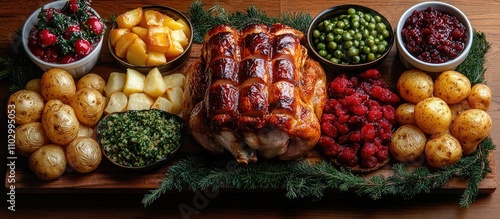 Festive Christmas turkey dinner arrangement with sides and desserts on a rustic wooden table celebrating the holiday spirit photo