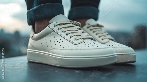 Stylish closeup of modern beige sneakers with perforated design set against a blurred urban background showcasing contemporary footwear trends photo