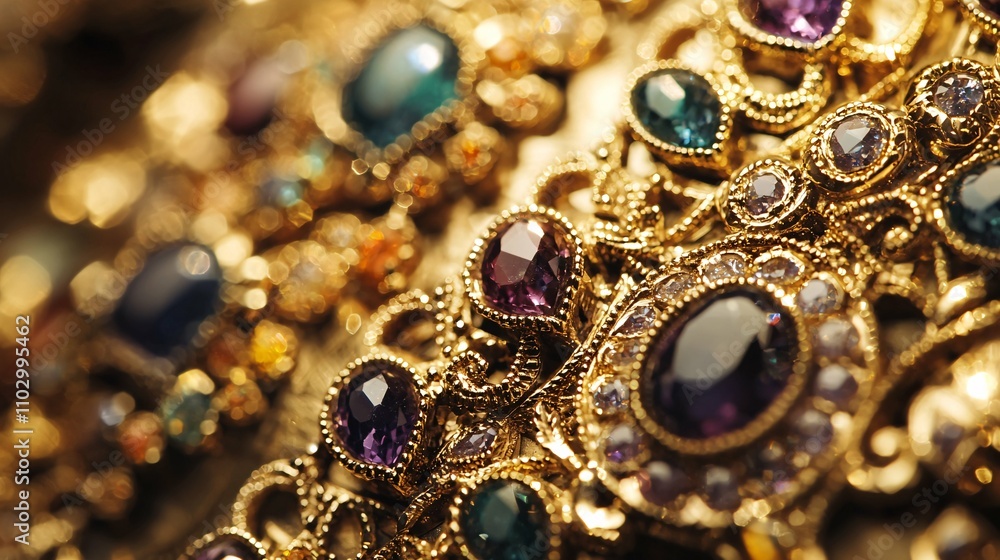 A close-up captures the exquisite beauty of intricate jewelry, where radiant gold and dazzling gemstones exude elegance and luxury. A close-up captures the exquisite beauty of intricate jewelry, where radiant gold and dazzling gemstones exude elegance and luxury.