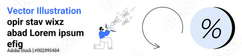 Person shouting into megaphone, circular refresh arrow, and large percentage symbol. Ideal for marketing, advertising, promotions, sales strategy, announcements, website banners, social media