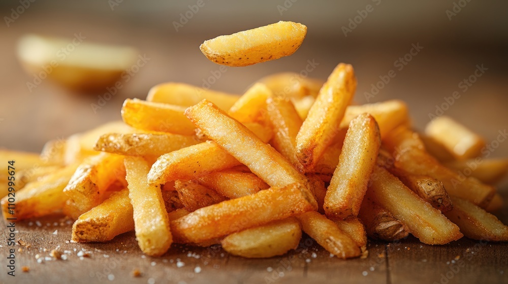 Crispy French fries piled with one fry falling in motion isolated on a rustic wooden surface with selective focus for a tempting food presentation Crispy French fries piled with one fry falling in motion isolated on a rustic wooden surface with selective focus for a tempting food presentation