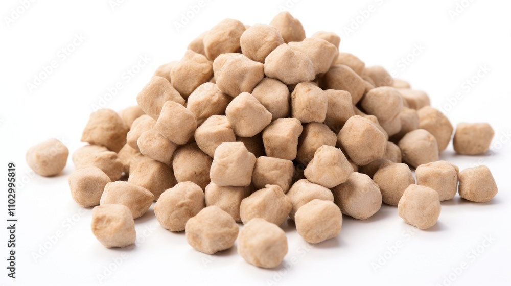 Soya chunks arranged in a pile on a pure white background showcasing their texture and natural form for culinary and health concepts Soya chunks arranged in a pile on a pure white background showcasing their texture and natural form for culinary and health concepts