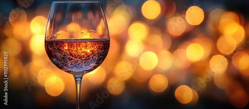 Elegant wine glass with sparkling wine against a softly illuminated bokeh background creating a sophisticated atmosphere for celebrations photo