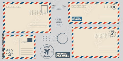 Backside blank travel postcard with dirty stain. Vector Air mail par avion postage stamps, stamp old post card empty Back side template tags postale set logo print address track trace airmail envelope