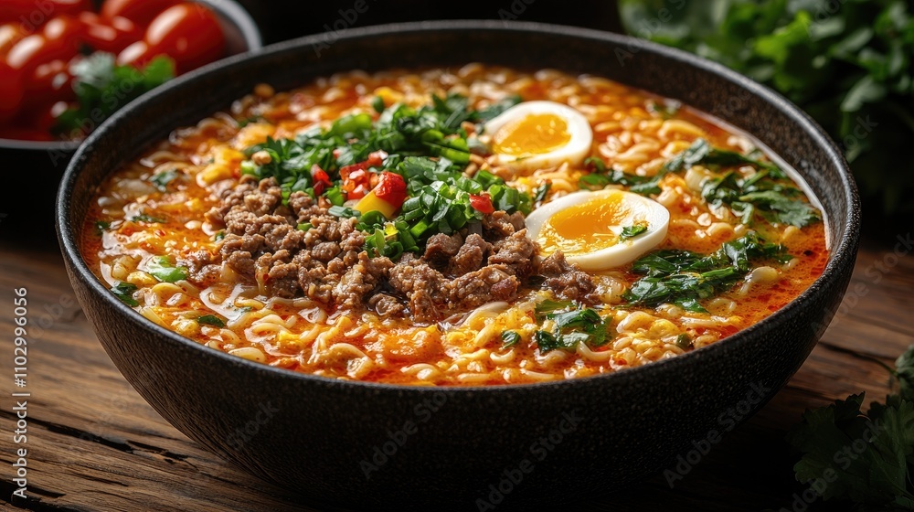 Delicious Thai beef noodle soup with eggs and herbs served in a rustic bowl on a wooden surface enhancing Asian culinary delight Delicious Thai beef noodle soup with eggs and herbs served in a rustic bowl on a wooden surface enhancing Asian culinary delight