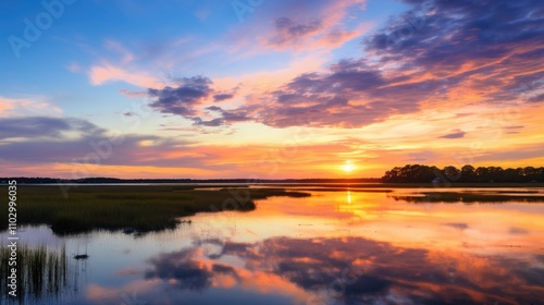 Serene sunrise over a calm ocean reflecting vibrant colors at a Wildlife Management Area during early morning hours