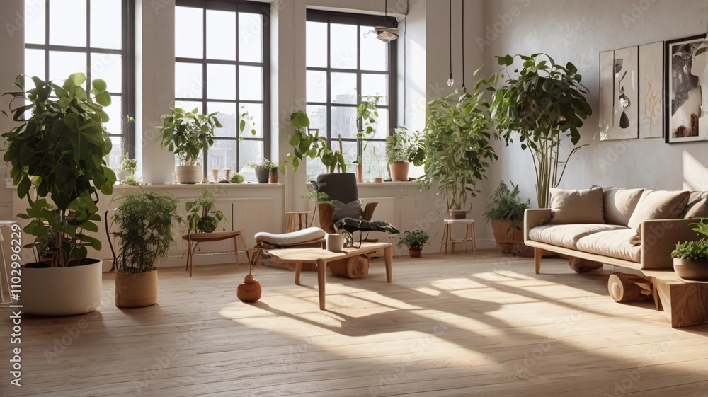 Fototapeta premium Serene, sunlit loft space with minimal furnishings, polished wooden floors, and a selection of potted plants enhancing the modern aesthetic