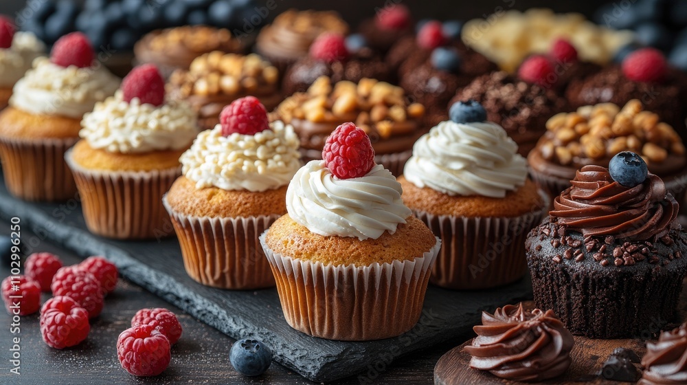Delicious festive cupcakes garnished with berries showcasing a joyful baking atmosphere and vibrant dessert celebration Delicious festive cupcakes garnished with berries showcasing a joyful baking atmosphere and vibrant dessert celebration