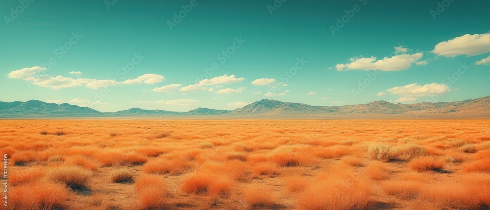 A vast desert landscape features golden grasses under a turquoise sky, with distant mountains and scattered clouds creating a serene atmosphere. A vast desert landscape features golden grasses under a turquoise sky, with distant mountains and scattered clouds creating a serene atmosphere.