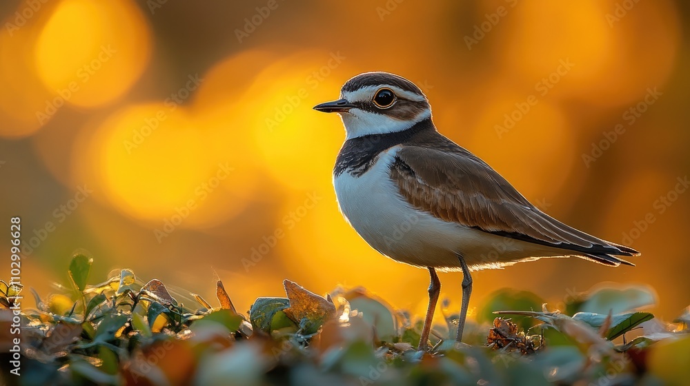 Little Ringed Plover standing gracefully in a lush meadow surrounded by warm bokeh lights during golden hour in nature's tranquility Little Ringed Plover standing gracefully in a lush meadow surrounded by warm bokeh lights during golden hour in nature's tranquility