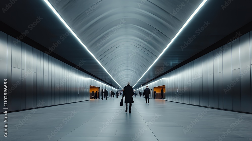 A person walks through a modern, illuminated corridor filled with other figures. A person walks through a modern, illuminated corridor filled with other figures.