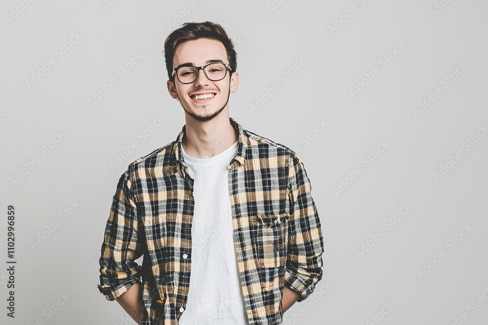 A confident young man poses with a friendly smile in a modern studio, exuding youthful energy and contemporary fashion in a stylish casual outfit.