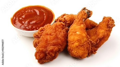 Spicy fried chicken wings with sauce arranged in yin yang position symbolizing indulgent fast food on a clean white background photo