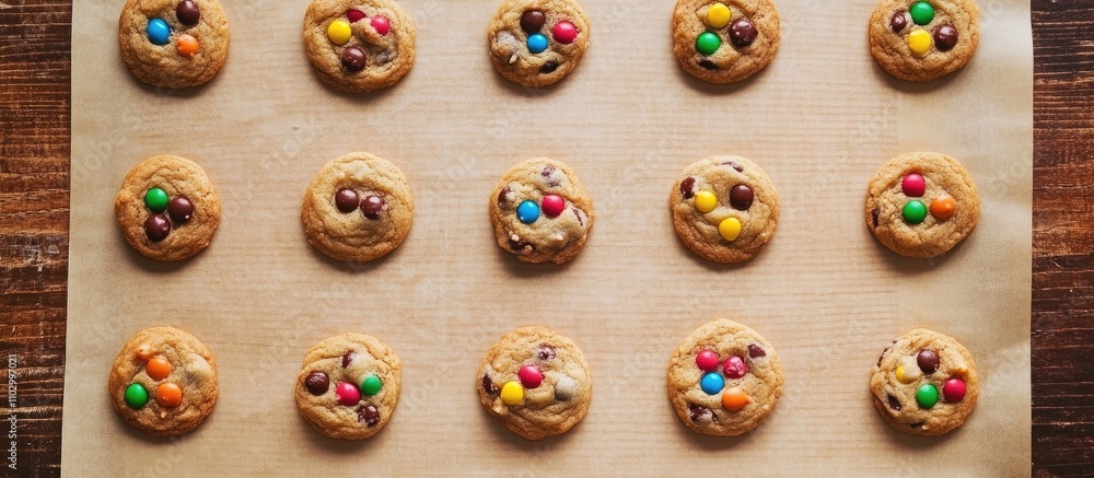Baked cookies arranged on parchment paper showcasing vibrant chocolate and candy toppings on a rustic wooden surface Baked cookies arranged on parchment paper showcasing vibrant chocolate and candy toppings on a rustic wooden surface