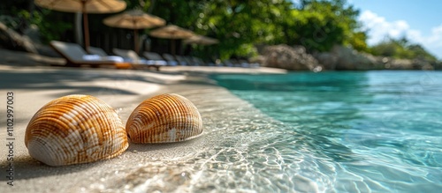 Wallpaper Mural Seashells resting on the sandy edge of a tranquil resort swimming pool with lush greenery in the background and sparkling water reflections Torontodigital.ca