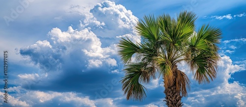 Lush palm tree under a vibrant blue sky with fluffy white clouds creating a tropical paradise atmosphere