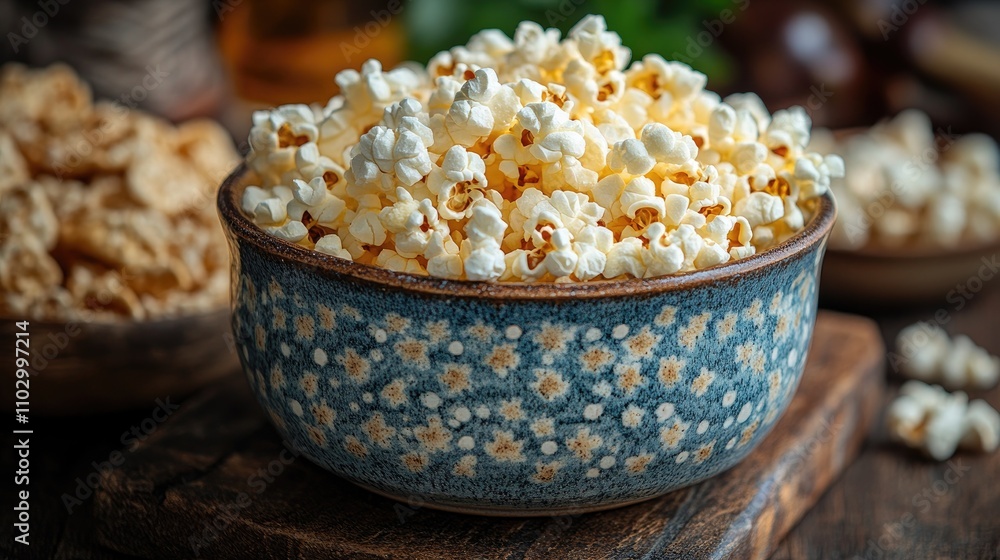Rice crackers shaped like popcorn in a decorative ceramic bowl on a rustic wooden table with a cozy atmosphere Rice crackers shaped like popcorn in a decorative ceramic bowl on a rustic wooden table with a cozy atmosphere