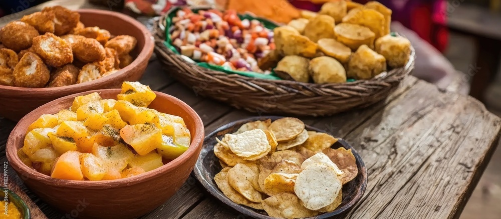 Traditional Festa Junina festival food arranged on a rustic wooden table with colorful dishes and vibrant textures, ideal for culinary promotions. Traditional Festa Junina festival food arranged on a rustic wooden table with colorful dishes and vibrant textures, ideal for culinary promotions.