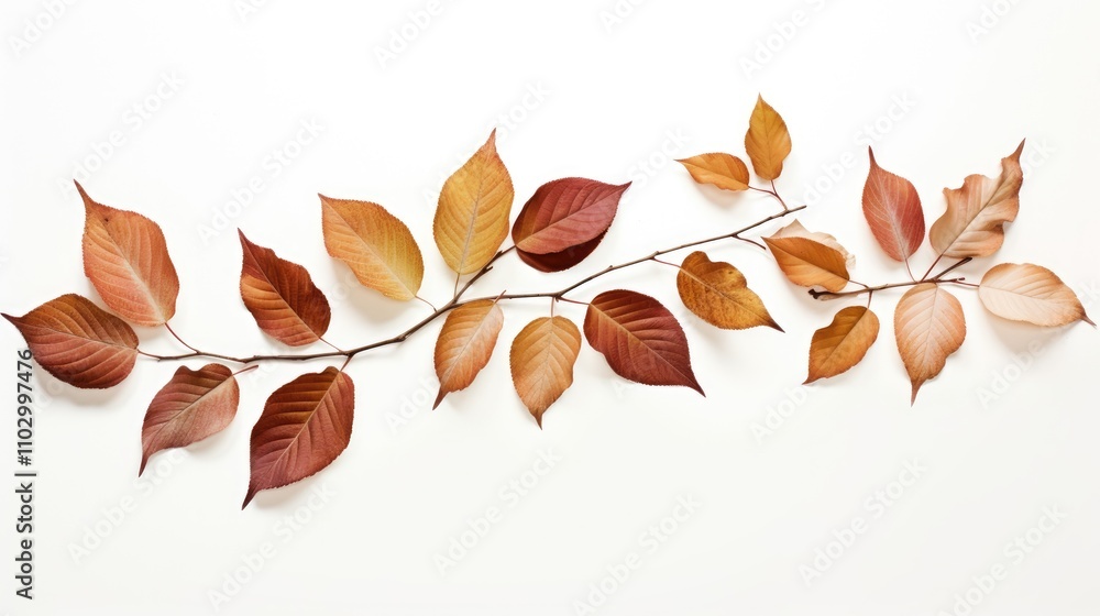 Fototapeta premium Autumn leaves arranged on a clean white background showcasing vibrant fall colors and natural textures