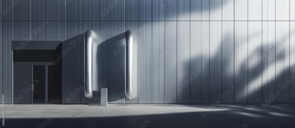 Industrial building exterior showcasing sleek sheet metal facade with repetitive paneling and modern chimney pipes under dramatic lighting. Industrial building exterior showcasing sleek sheet metal facade with repetitive paneling and modern chimney pipes under dramatic lighting.