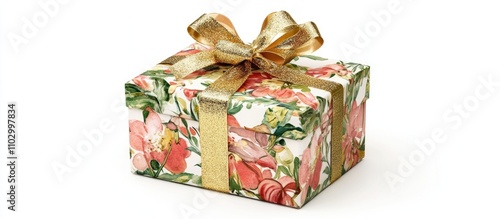 Festive floral gift box wrapped in golden ribbon isolated on a white background showcasing elegance and charm for holiday gifting.