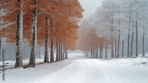 Winter forest landscape with snow-covered trees and fog creating a serene atmosphere along a snowy pathway in a tranquil setting photo