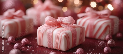 Festive gift wrapping for lollipop canes showcasing pink striped boxes with bows during the holiday season celebration photo