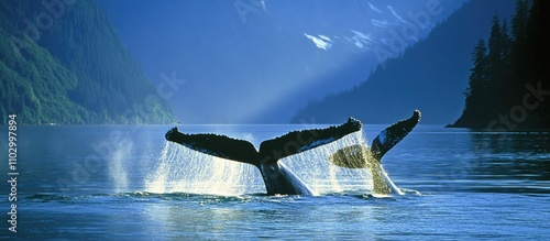 Humpback whales breaching in tranquil ocean setting with mountains in the background showcasing marine wildlife beauty in nature. photo