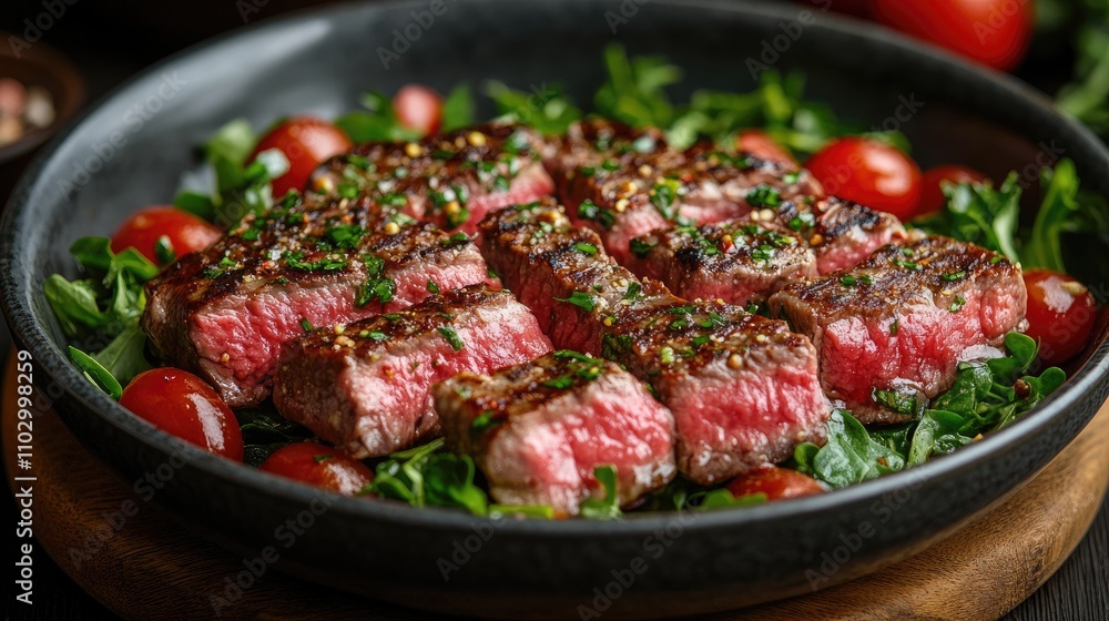 Salad with seared horse steak slices on a bed of fresh greens and cherry tomatoes plated elegantly for gourmet dining Salad with seared horse steak slices on a bed of fresh greens and cherry tomatoes plated elegantly for gourmet dining