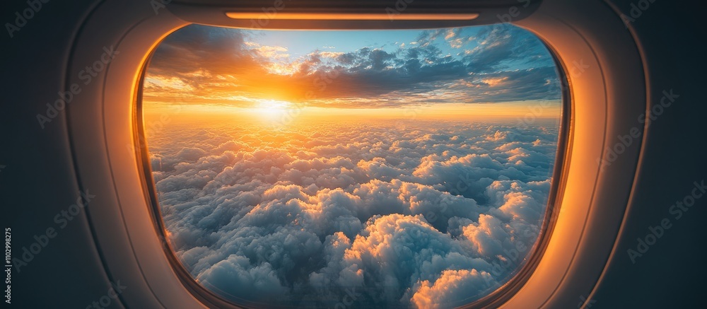 Scenic airplane window view showcasing vibrant sunset over fluffy clouds with airplane wing framing a stunning sky panorama. Scenic airplane window view showcasing vibrant sunset over fluffy clouds with airplane wing framing a stunning sky panorama.