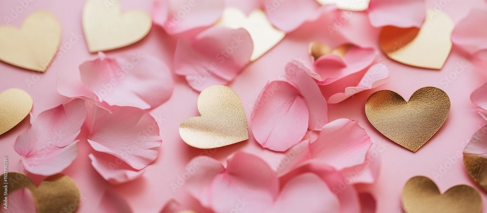 Pink flower petals and gold paper hearts on a pastel background for romantic and celebratory themes in photography and design projects. Pink flower petals and gold paper hearts on a pastel background for romantic and celebratory themes in photography and design projects.