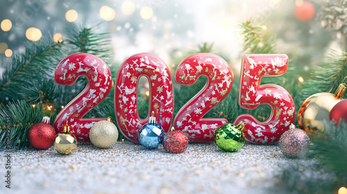 New Year 2025. Red numbers and Christmas decor on  beautiful blurred background with bokeh. 