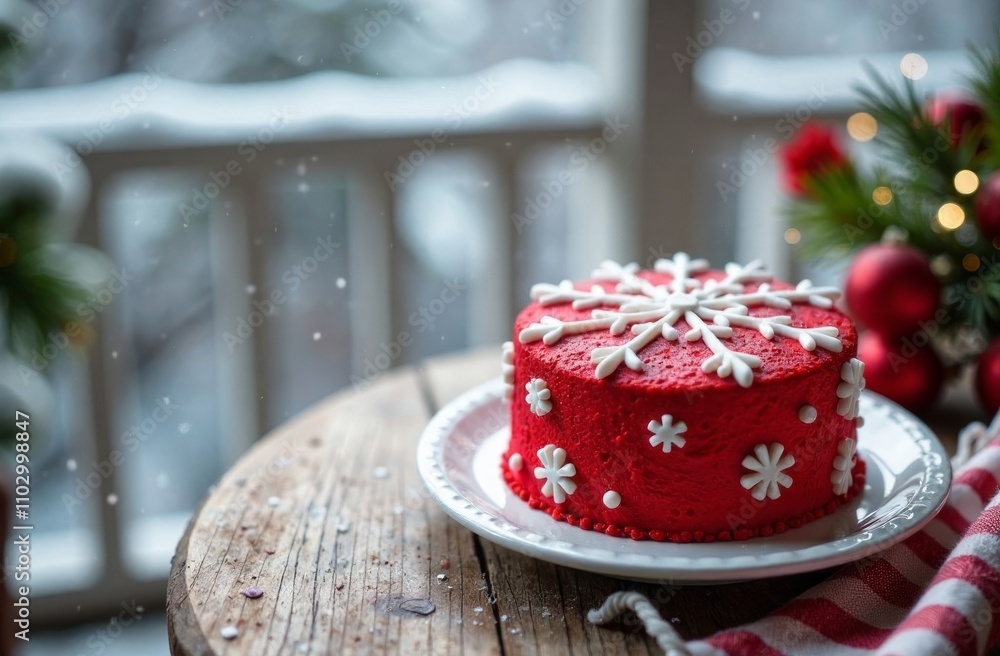 Red velvet cake decorated with a snowflake design made of cream stands on a wooden table on a winter veranda. Concept: Christmas, classic American dessert, food blog, social media, sweet food Red velvet cake decorated with a snowflake design made of cream stands on a wooden table on a winter veranda. Concept: Christmas, classic American dessert, food blog, social media, sweet food