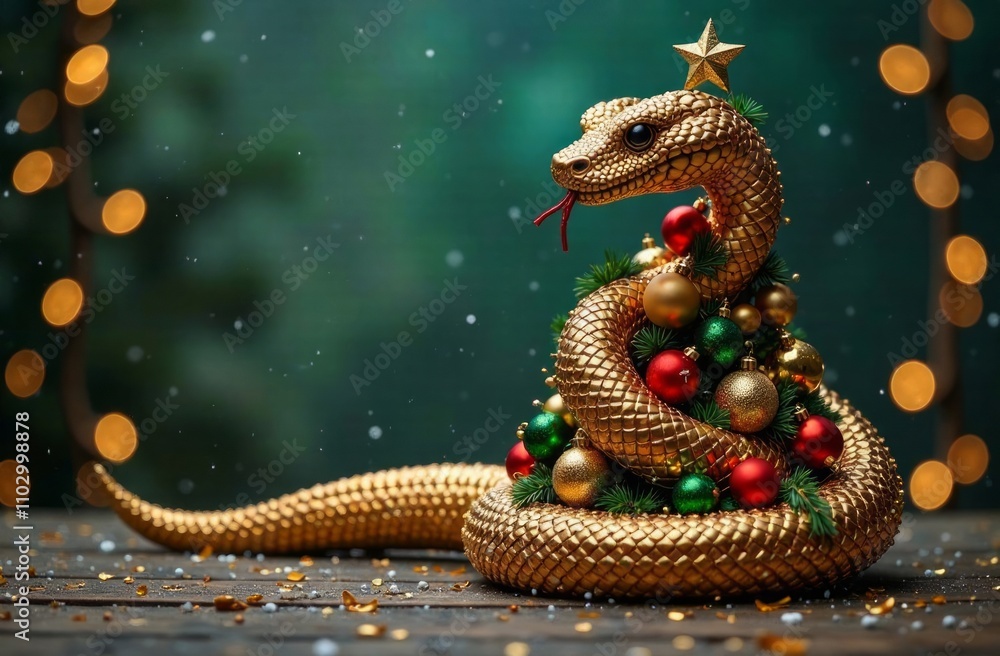 Fototapeta premium Gold snake coils around Christmas tree and decorated with gold, red balls on wooden table, green background. Copy space. Concept: festive celebrations, New Year, advertising photo, Symbol of the year