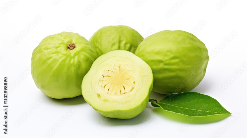 Fresh green guava fruits with a cut section showcasing the interior texture and seeds on a clean white background. Fresh green guava fruits with a cut section showcasing the interior texture and seeds on a clean white background.